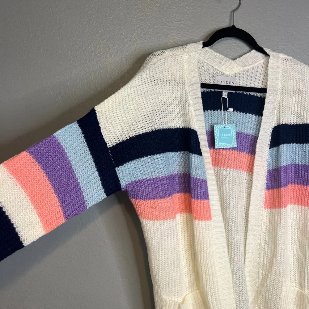 Hayden Cardigan Sz S/M Cream Rainbow Striped Open Front Pocket Long NWT - Picture 4 of 10